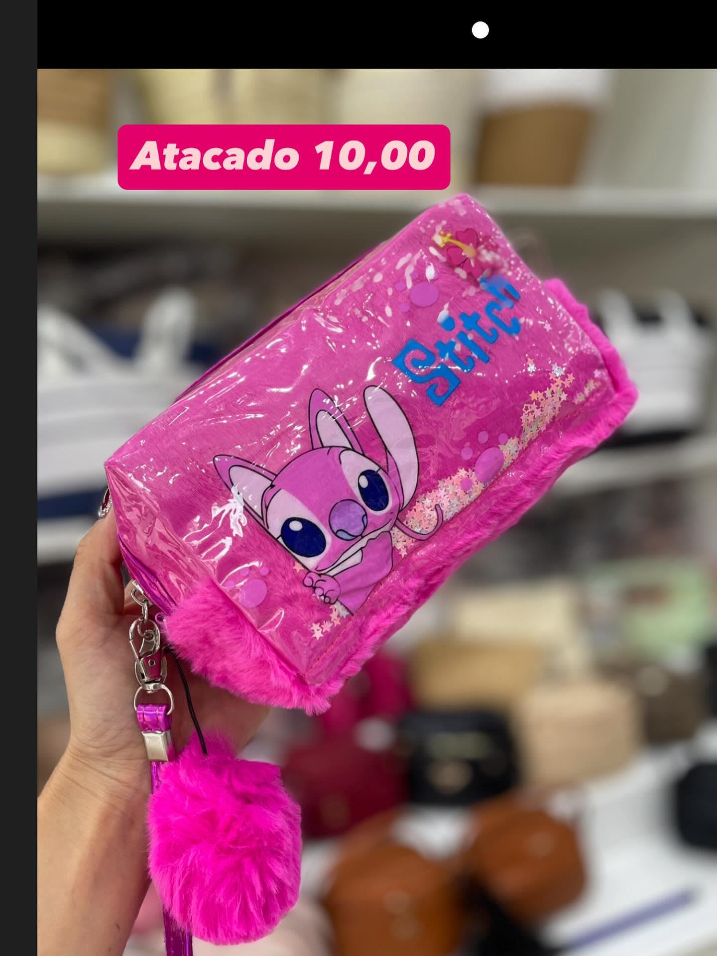 Necessaire Stitch Rosa com Lantejoulas