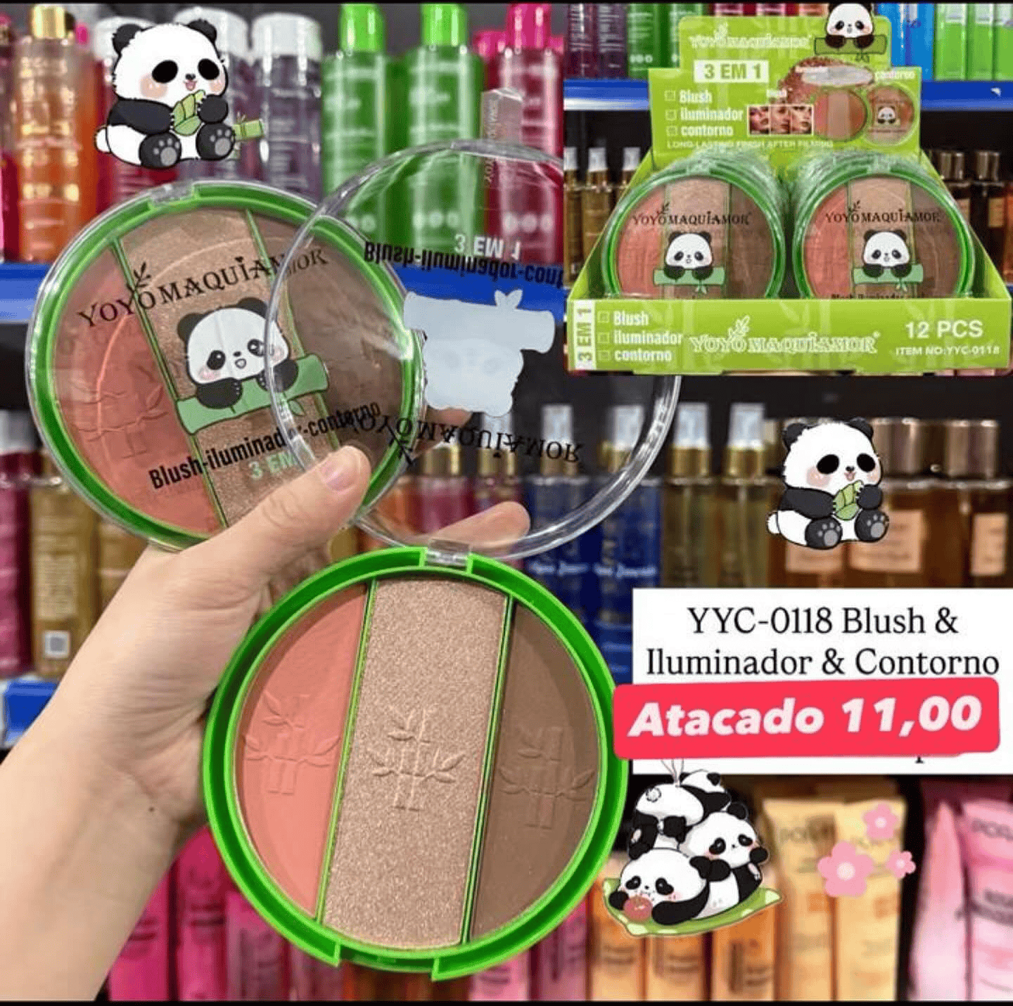 Blush, Iluminador e Contorno 3 em 1 YoYo Maquiamor YYC-0118