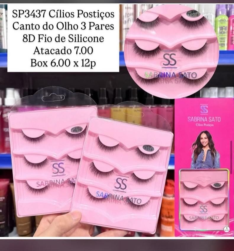 Cílios Postiços Canto do Olho 3 Pares 8D com Fio de Silicone Sabrina Sato