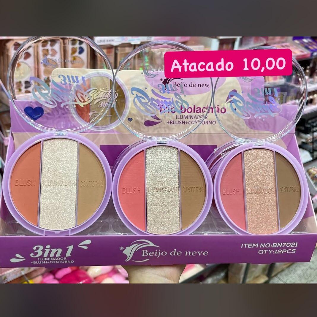 Paleta Facial 3 em 1 Iluminador Blush Contorno Beijo de Neve BN7021