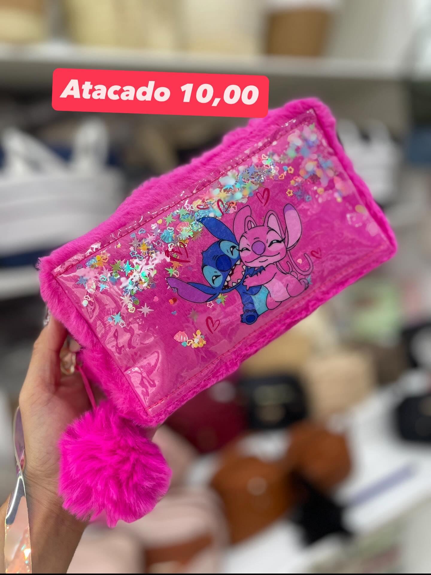 Necessaire Stitch Rosa com Glitter e Pompom