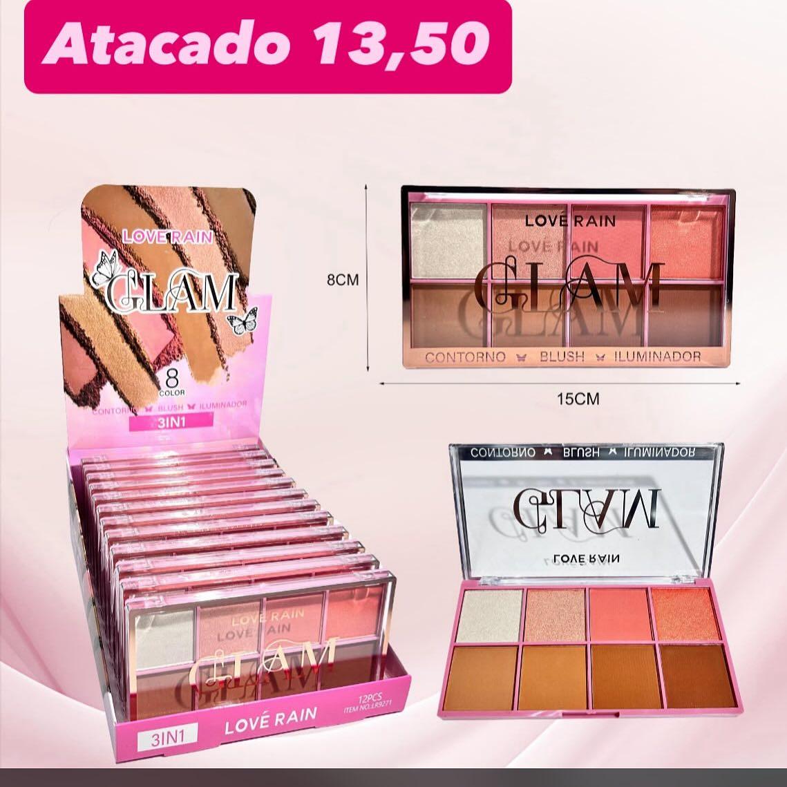 Paleta 3 em 1 Contorno Blush Iluminador Love Rain Glam