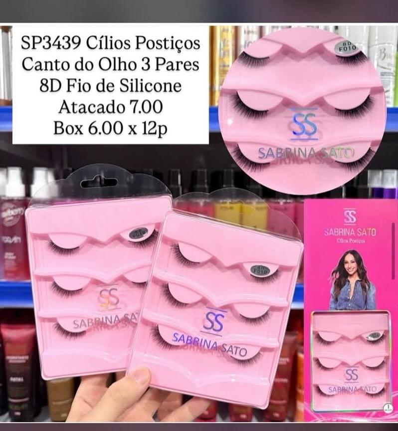 Cílios Postiços Canto do Olho 3 Pares 8D com Fio de Silicone Sabrina Sato