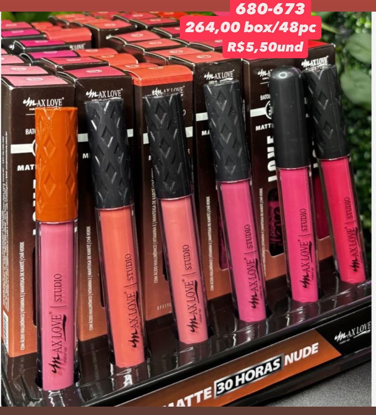 Batom Líquido Matte 30 Horas Nude Max Love Studio — faixa de tons 680–673